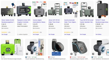 Irrigation controllers with possible smartphone control make up the largest proportion of search results.