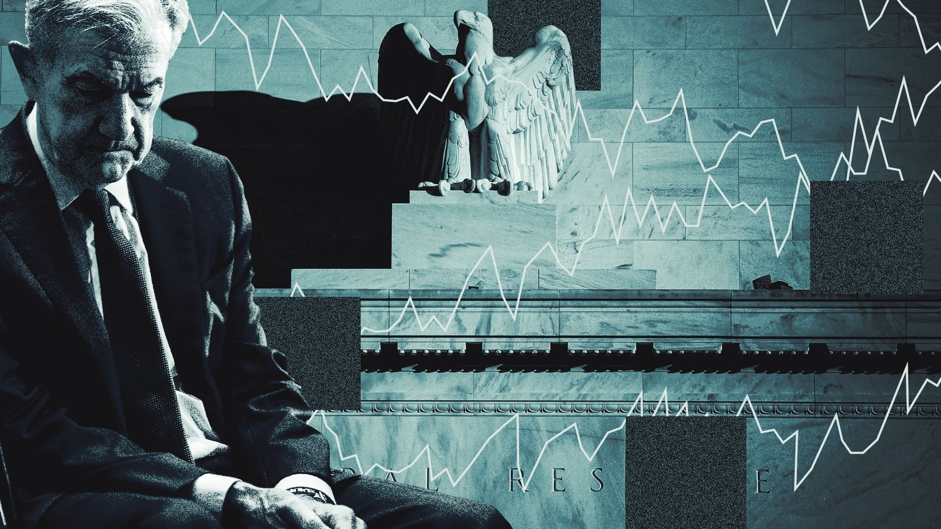 Photo illustration of Jerome Powell surrounded by an image of the Fed's facade, market lines, and abstract squares. 
