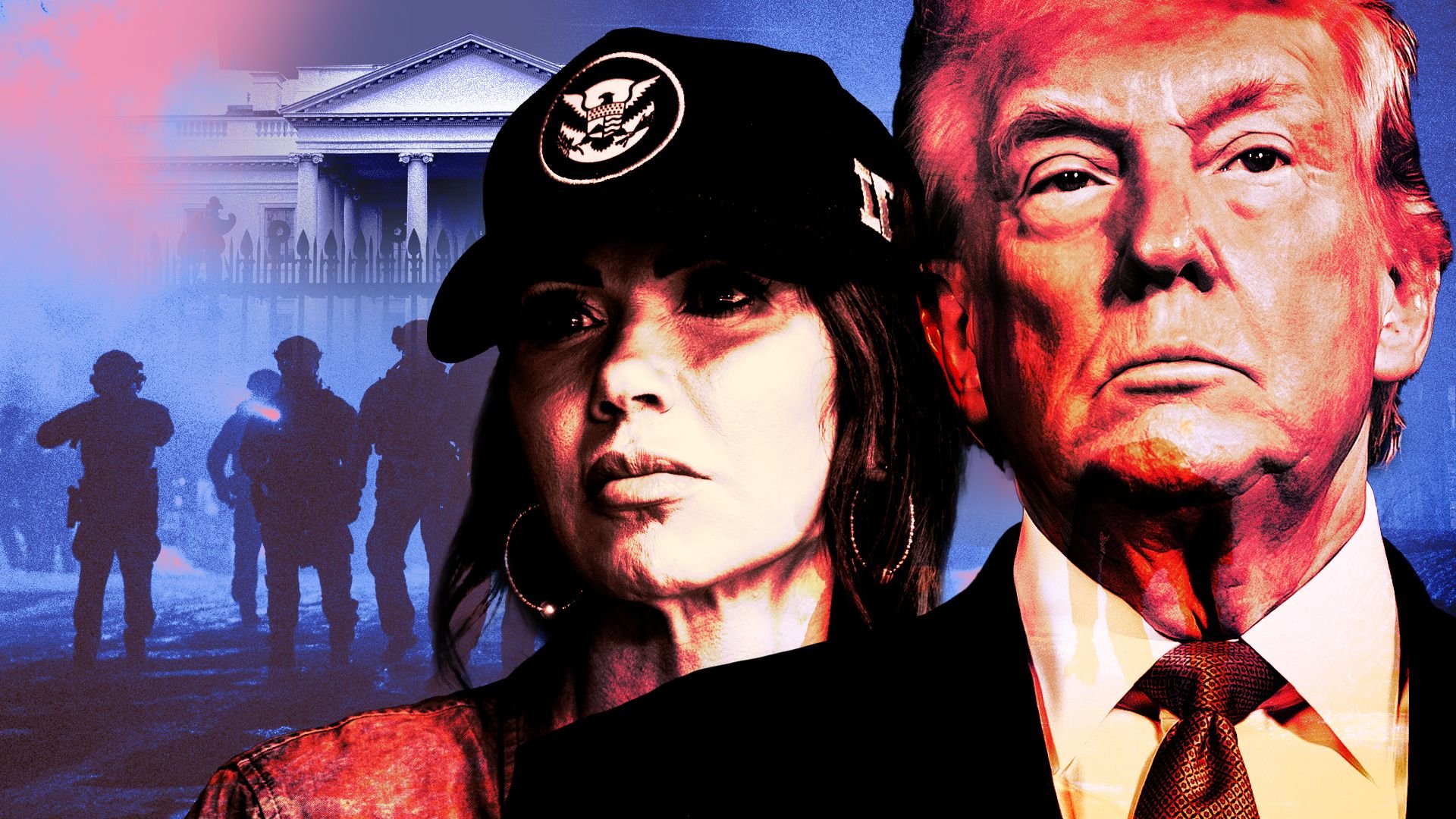 Photo illustration of President Trump, U.S. Secretary of Homeland Security Kristi Noem,  federal agents deploying tear gas in Minnesota, and the White House