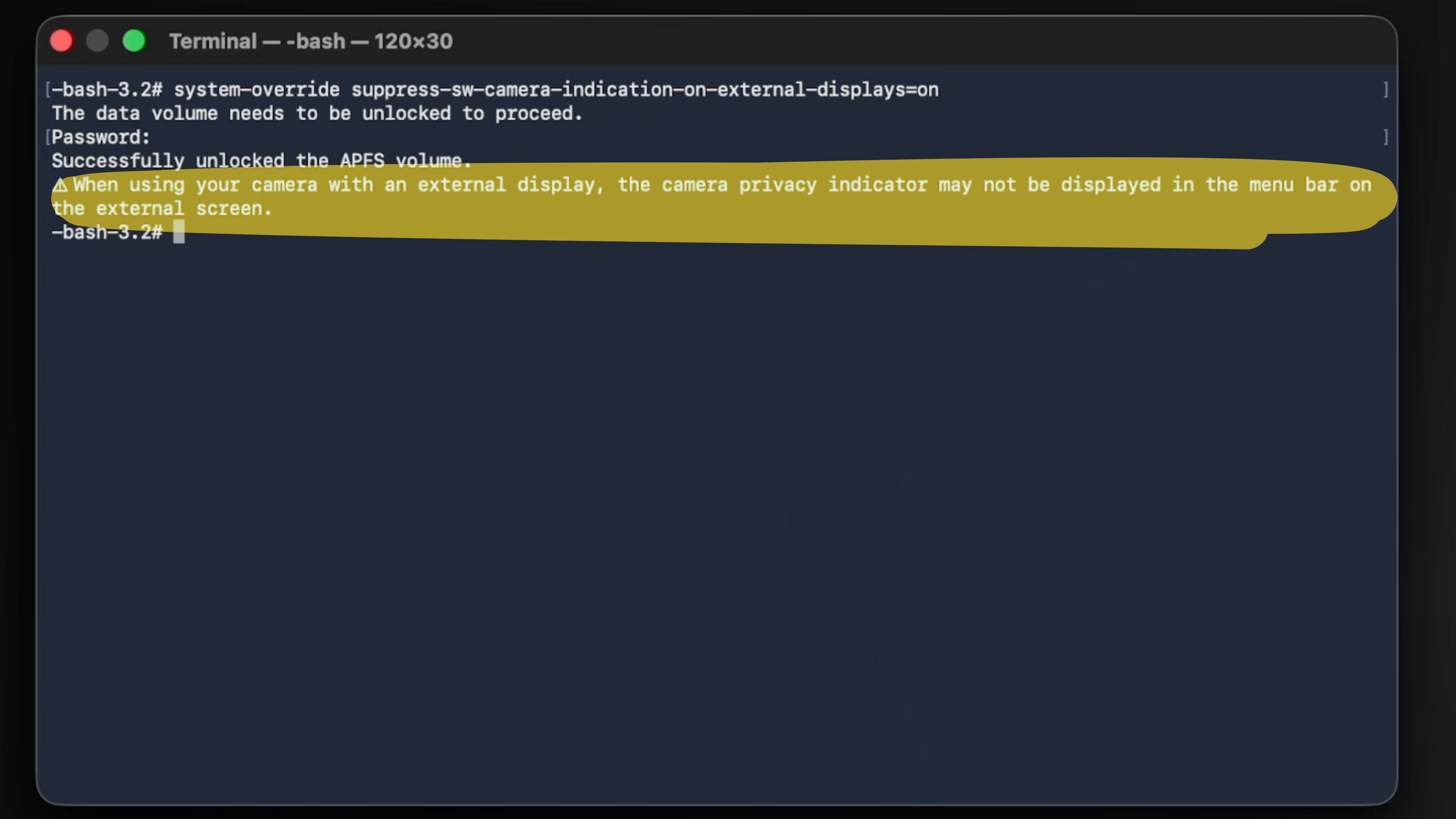 Terminal command for disabling privacy indicators on external displays