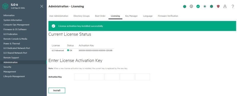 HPE ILO 6 Advanced License Activated