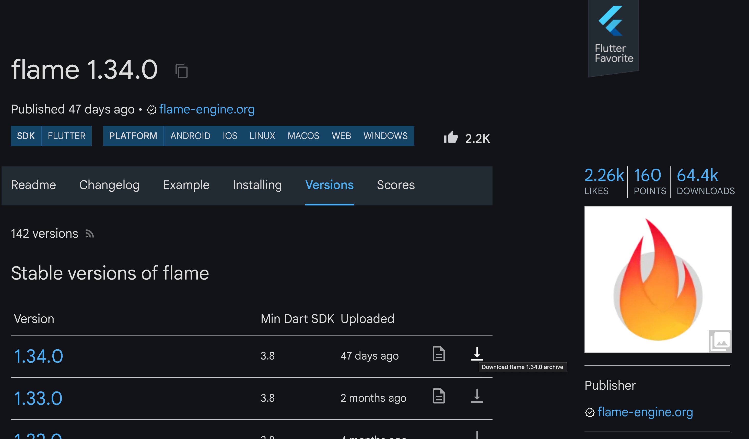 pub.dev versions page with download button