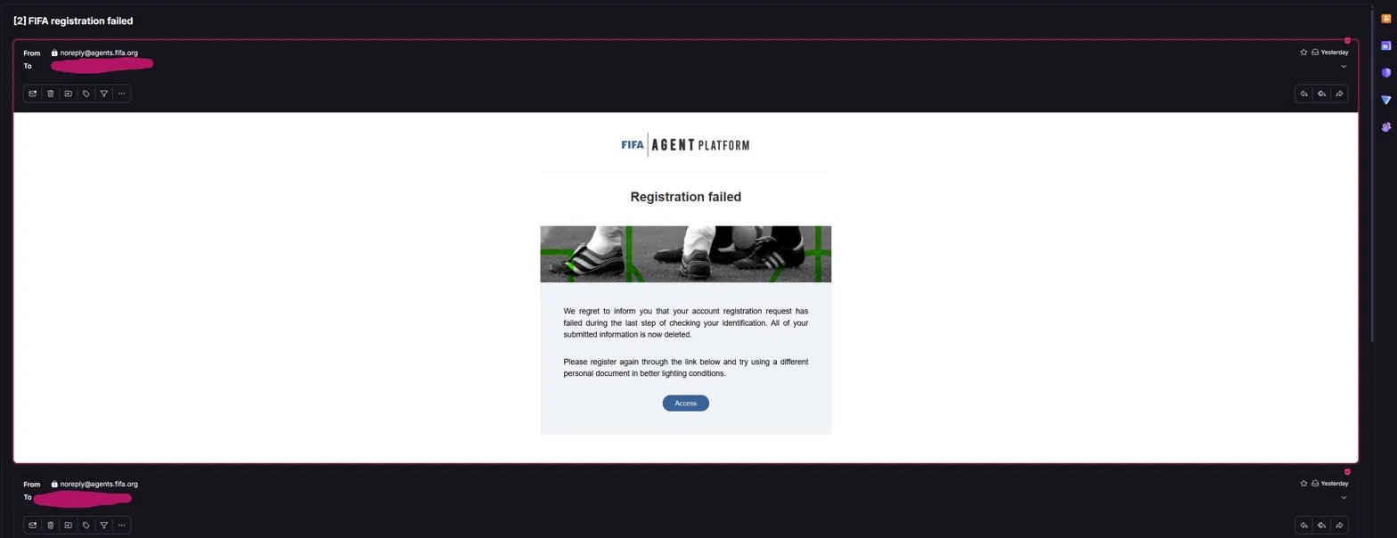 FIFA registration failed