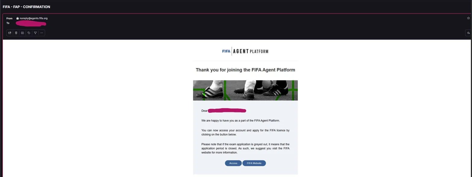 FIFA FAP confirmation email