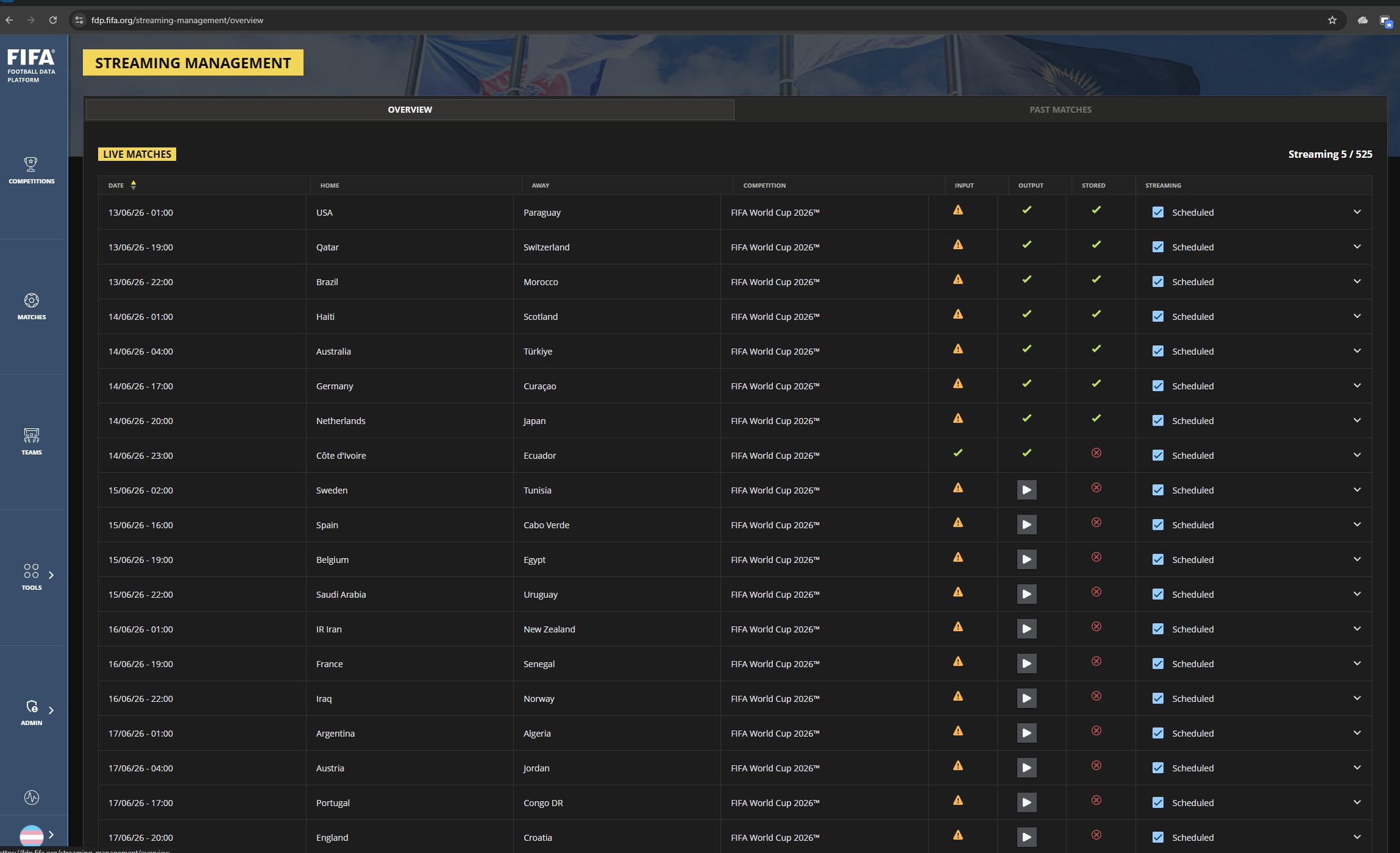 Streaming Management panel showing all World Cup matches