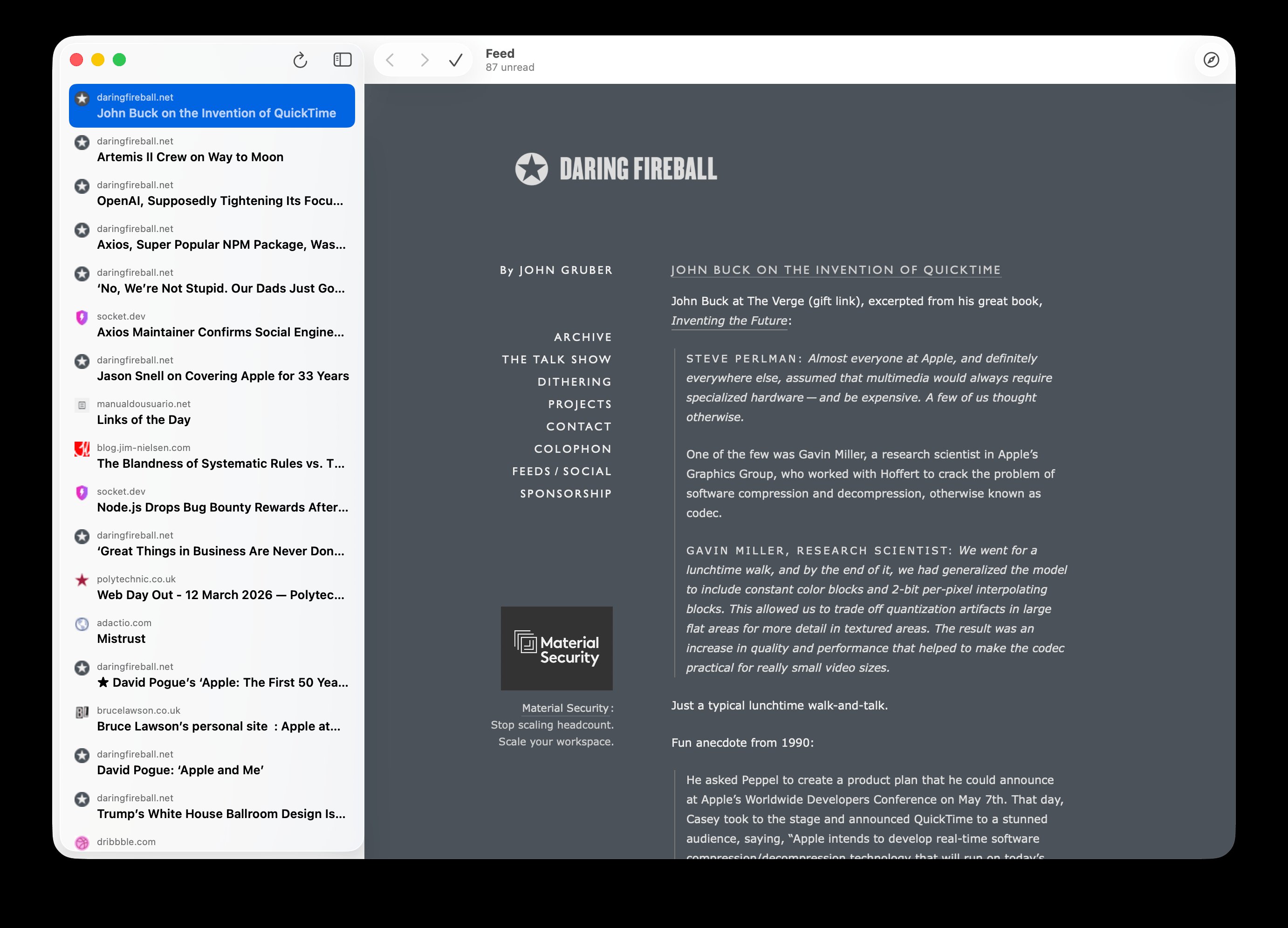 Screenshot of a macOS RSS reader app with a list of unread articles in the sidebar and a preview of one of the selected articles on the left available as a web page on the right.