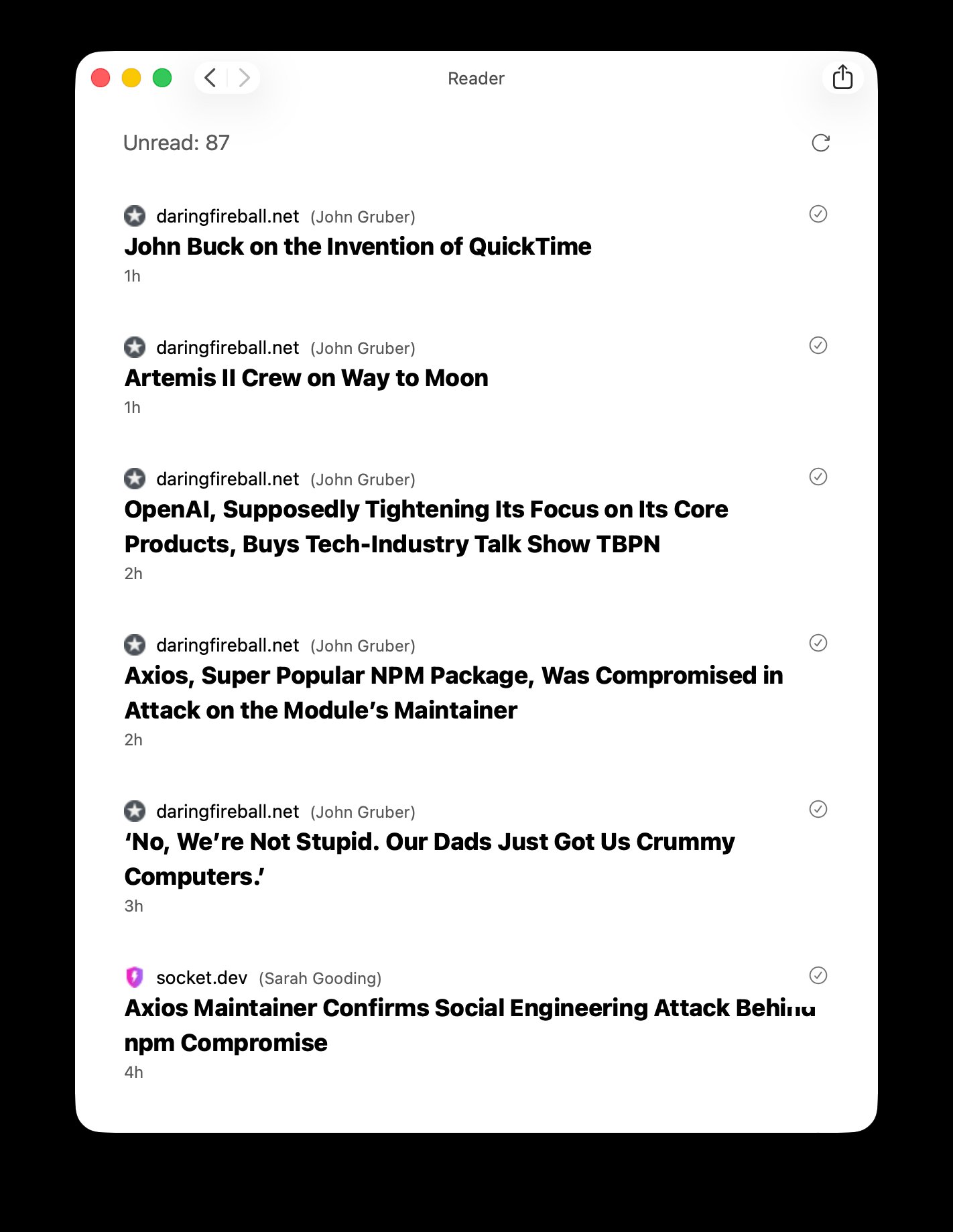 Screenshot of an application window on macOS showing a list of article titles from an RSS feed.
