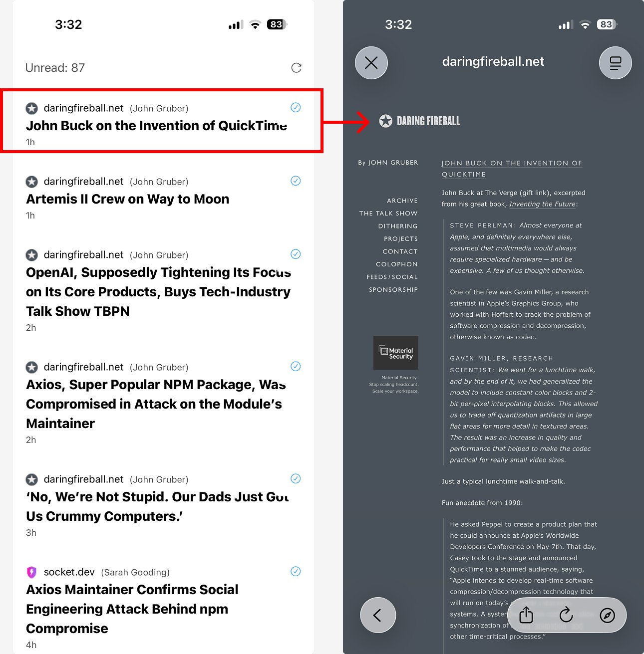 Screenshot of two screens from iOS side-by-side. One is a list of articles,  the other is an article preview. The list has a specific article highlighted with an arrow pointing to the preview, showing that a click results in a page load.