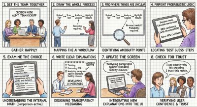 Comic where a product team maps the decision nodes of an AI legal tool to design transparent interface messages.