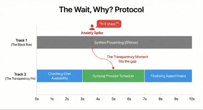 The Wait, Why? Protocol. A timeline illustrating how silence creates anxiety. By mapping the specific moment users ask ‘Is it stuck?’, designers can insert transparency exactly when it is needed.