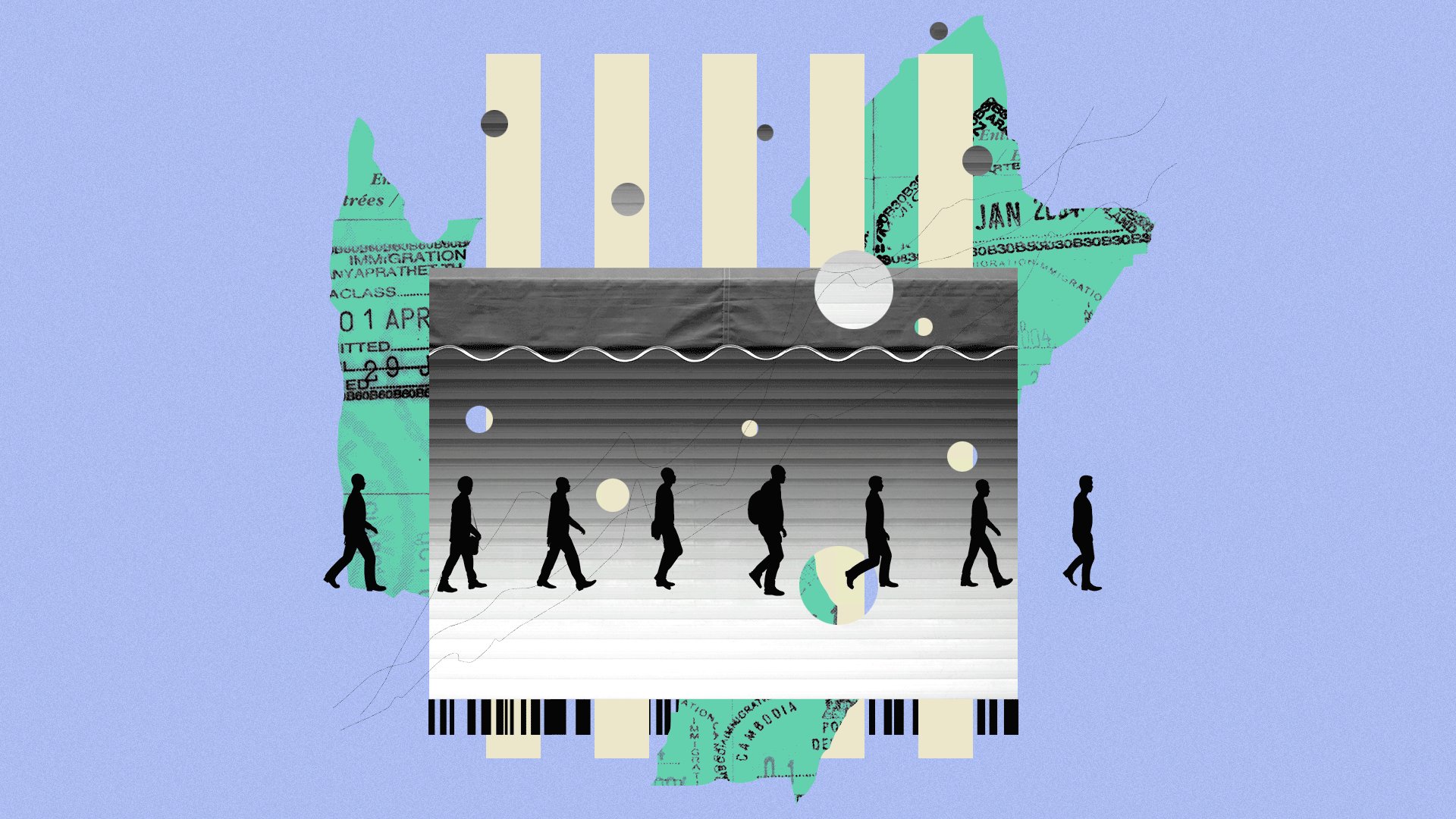 Animated illustrated collage of a line of people walking in front of a storefront surrounded by torn receipts, barcode patterns and circles. 