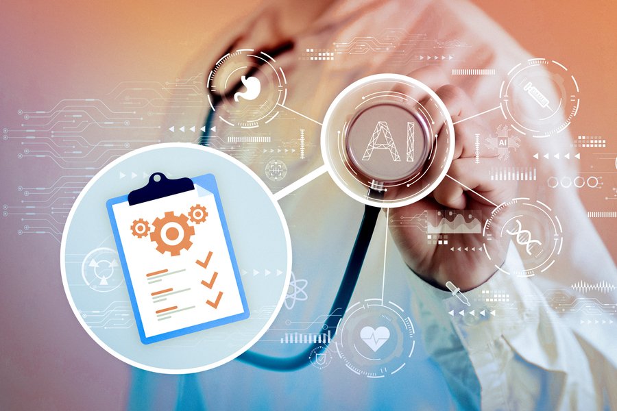 A doctor holds a stethoscope saying “AI,” which is linked to inset clipboard with checkmarks.