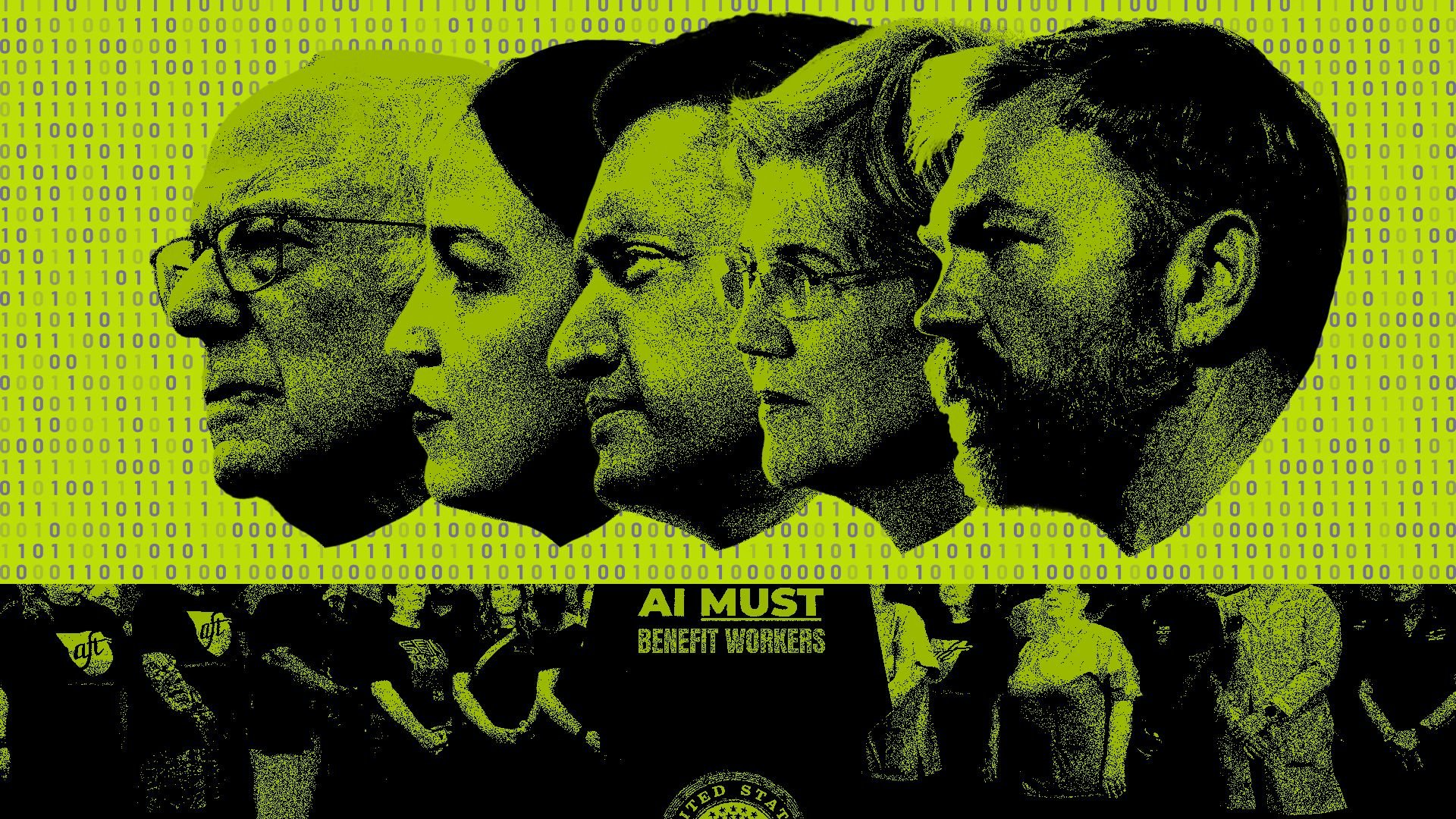Photo illustrated collage of Bernie Sanders, AOC, Ro Khanna, Elizabeth Warren and Graham Platner stylized over a group of people standing behind a sign that reads 