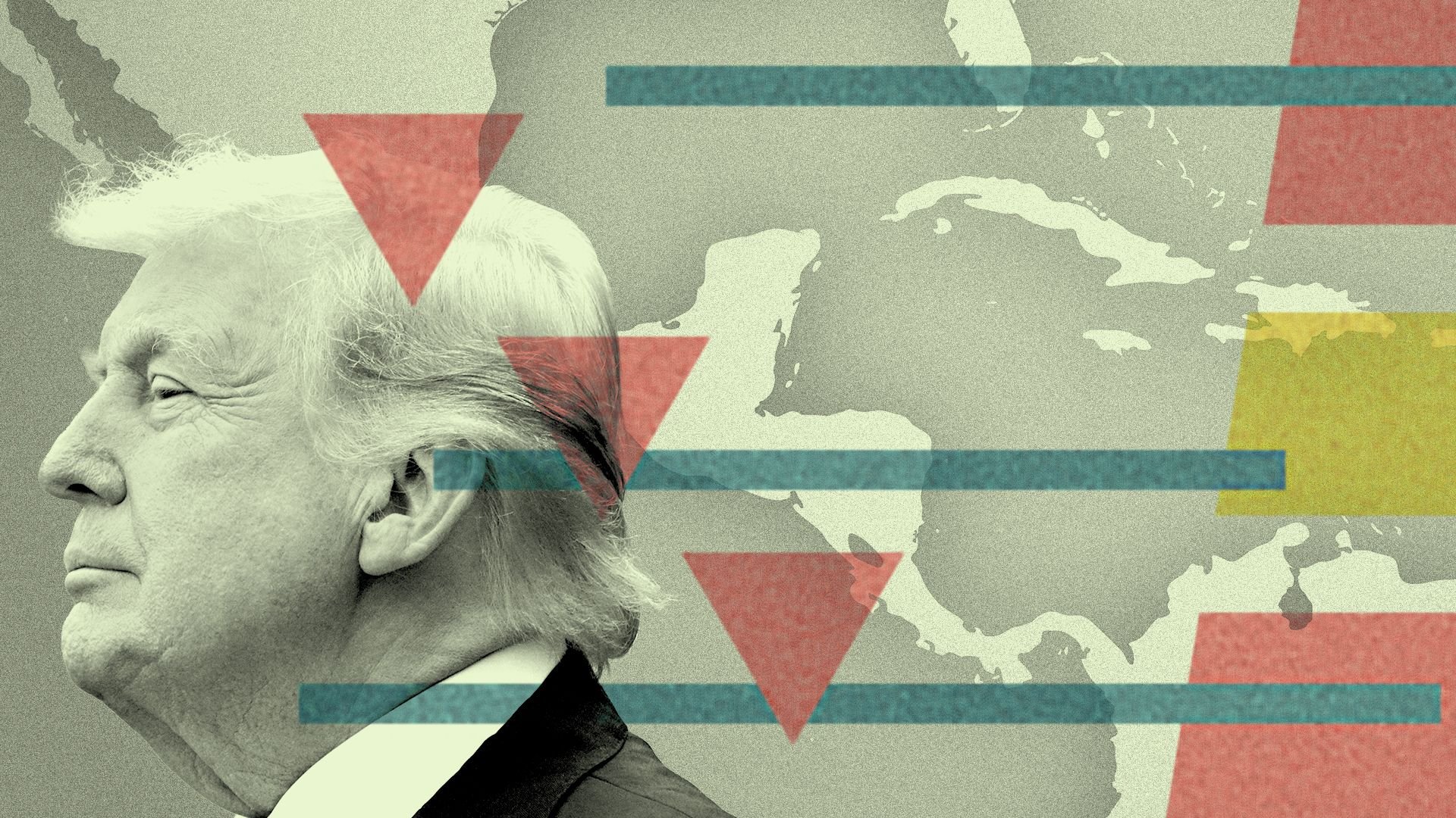 Photo illustration of a collage featuring Donald Trump over a map focusing on Cuba, and red triangles and blue, red, and yellow stripes.