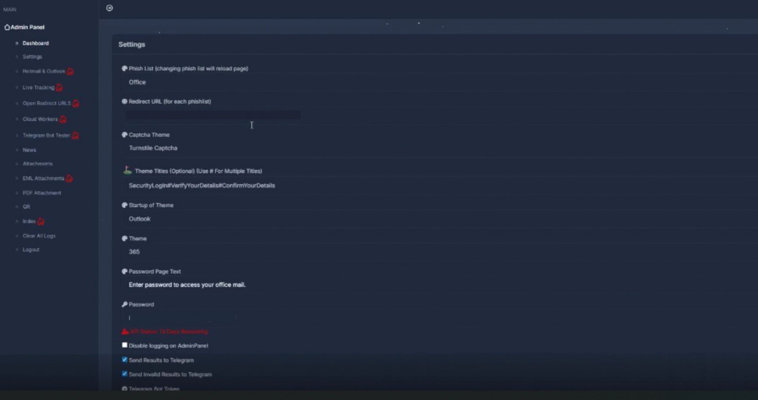 Screenshot of phishing page them selection and configuration settings in the Tycoon2FA admin panel
