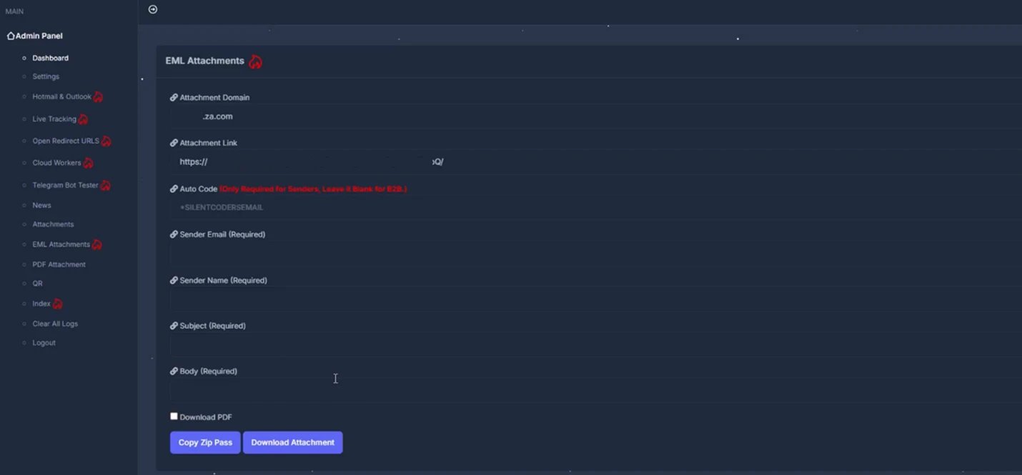 Screenshot of malicious attachment options in the Tycoon2FA admin panel