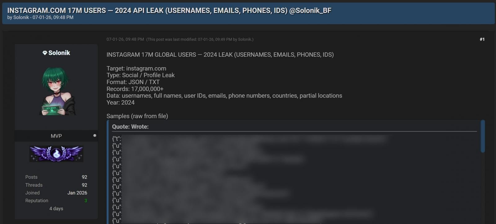 Forum post leaking alleged Instagram data