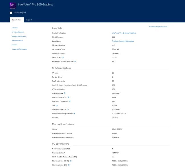 Intel Arc Pro B65 specs