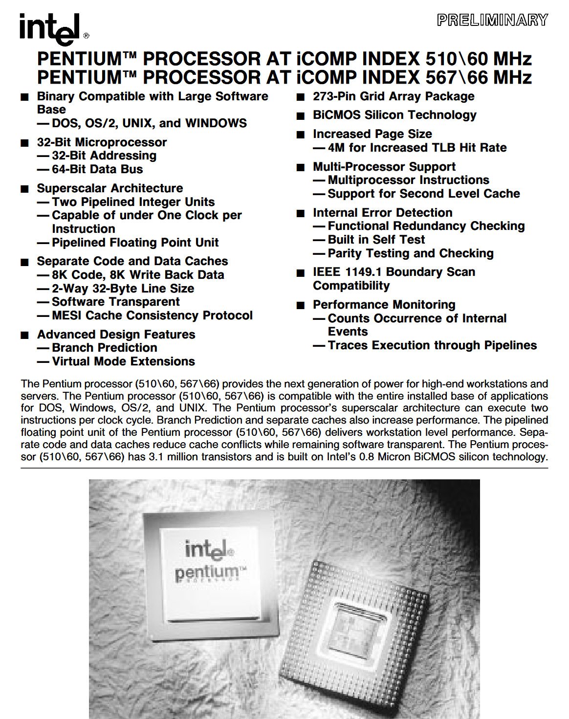 Intel Pentium 60 and Pentium 66 data sheet