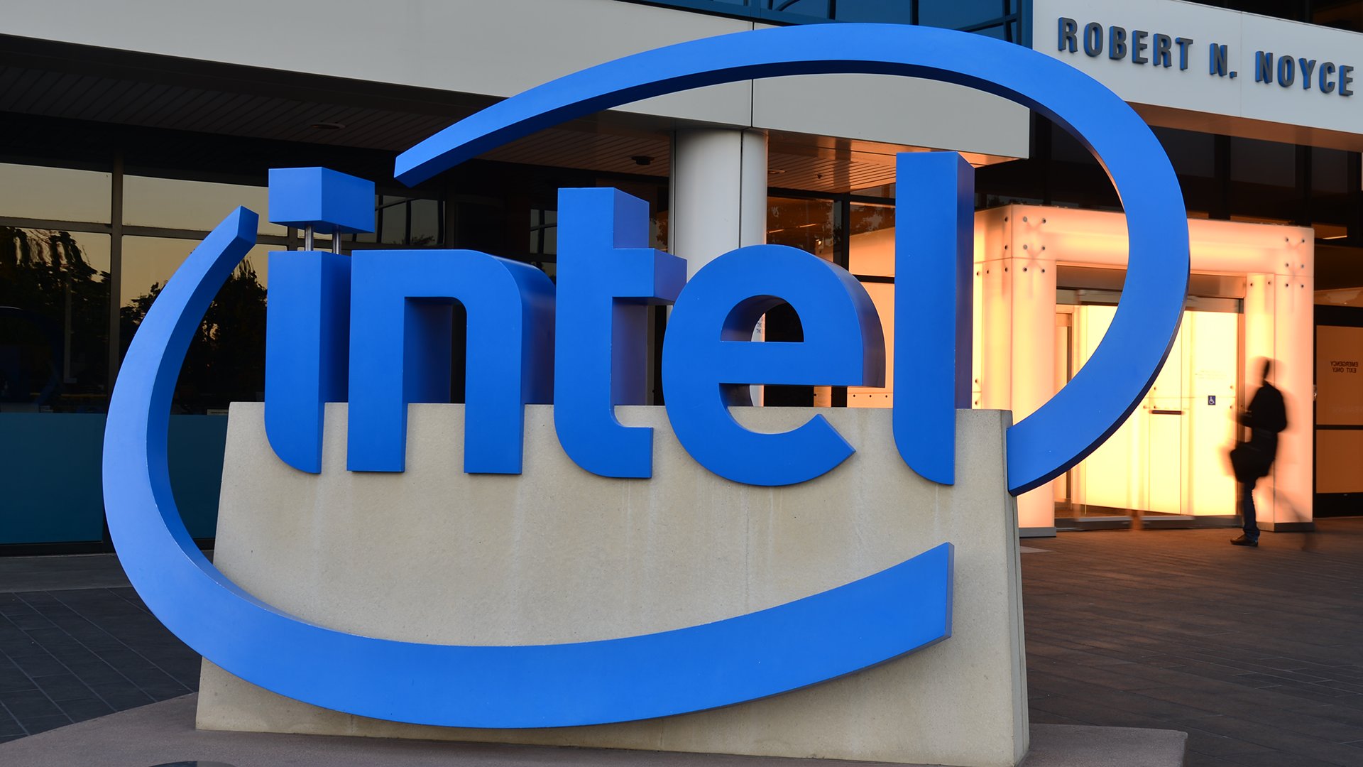 A photograph of the Intel logo outside of its corporate headquarters.