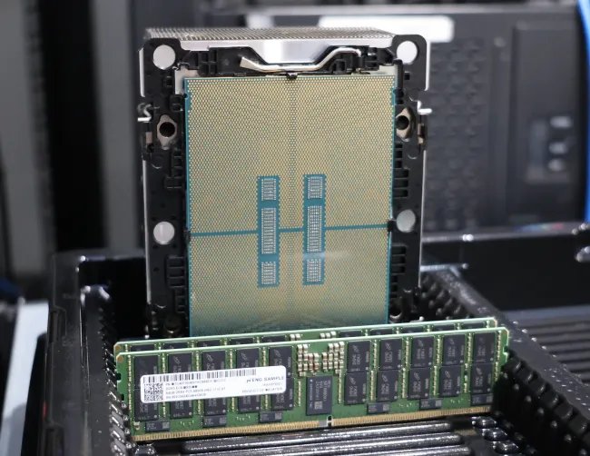 Intel Xeon 6980P Granite Rapids next to MRDIMM memory