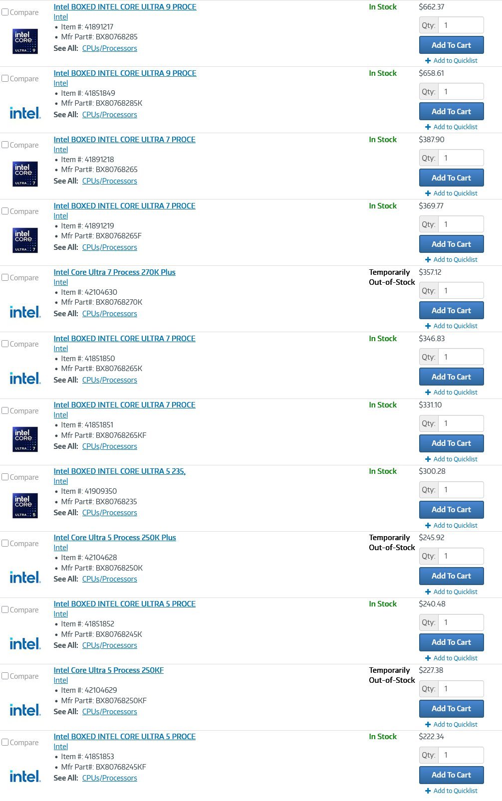 Core Ultra 7 270K Plus, Core Ultra 5 250K Plus and Core Ultra 5 250KF preliminary pricing