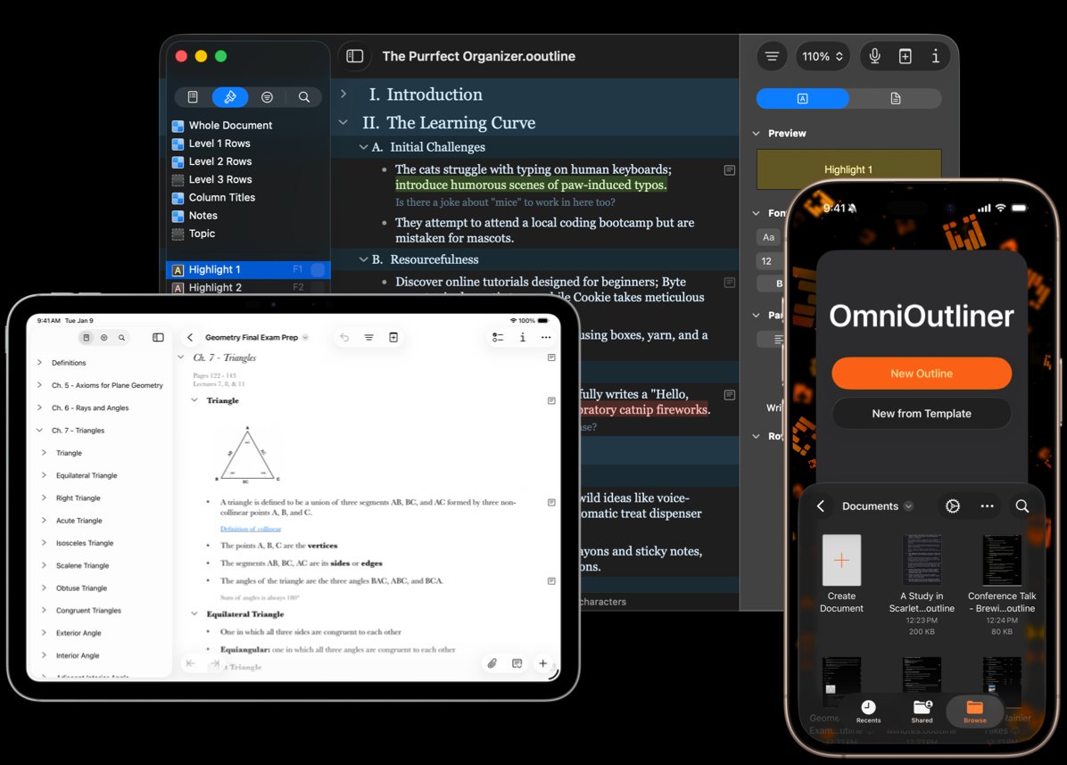 Screenshot: OmniOutliner 6 on multiple platforms.