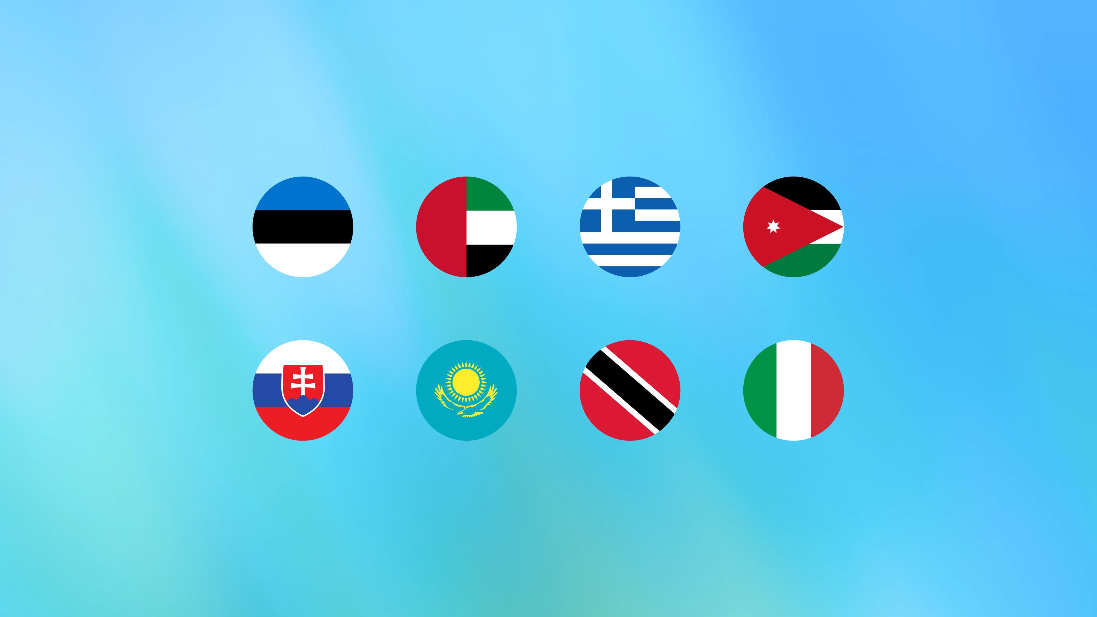 A blue-green gradient background with eight circular national flags arranged in two rows, representing multiple countries. The flags include Estonia, United Arab Emirates, Greece, Jordan, Slovakia, Kazakhstan, Trinidad and Tobago, and Italy, suggesting a global or international focus.