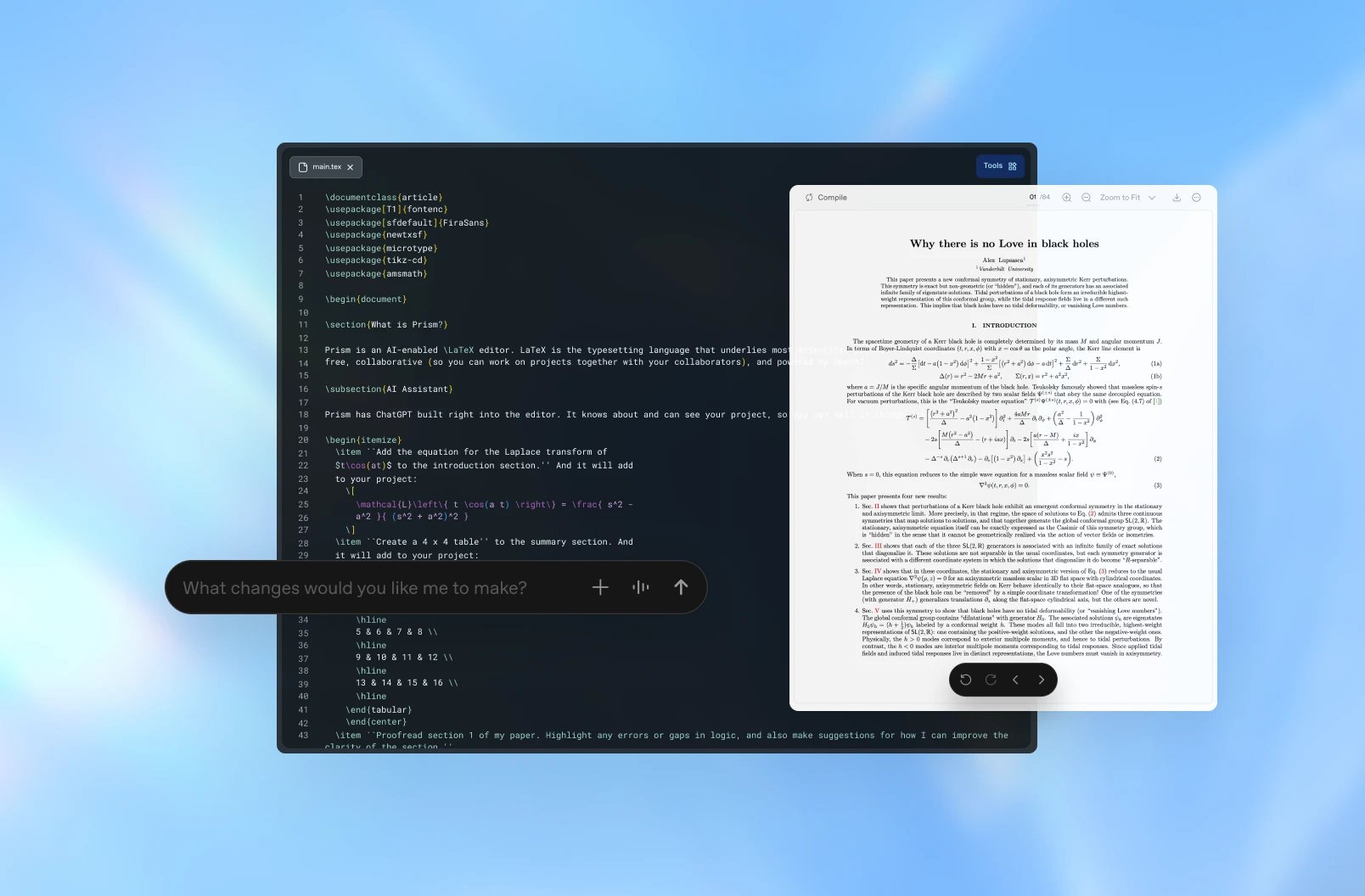 Wide view of Prism LaTeX editing interface showing source code on the left and a compiled academic paper preview on the right, with a floating ChatGPT prompt asking what changes to make, displayed against a light blue gradient background.