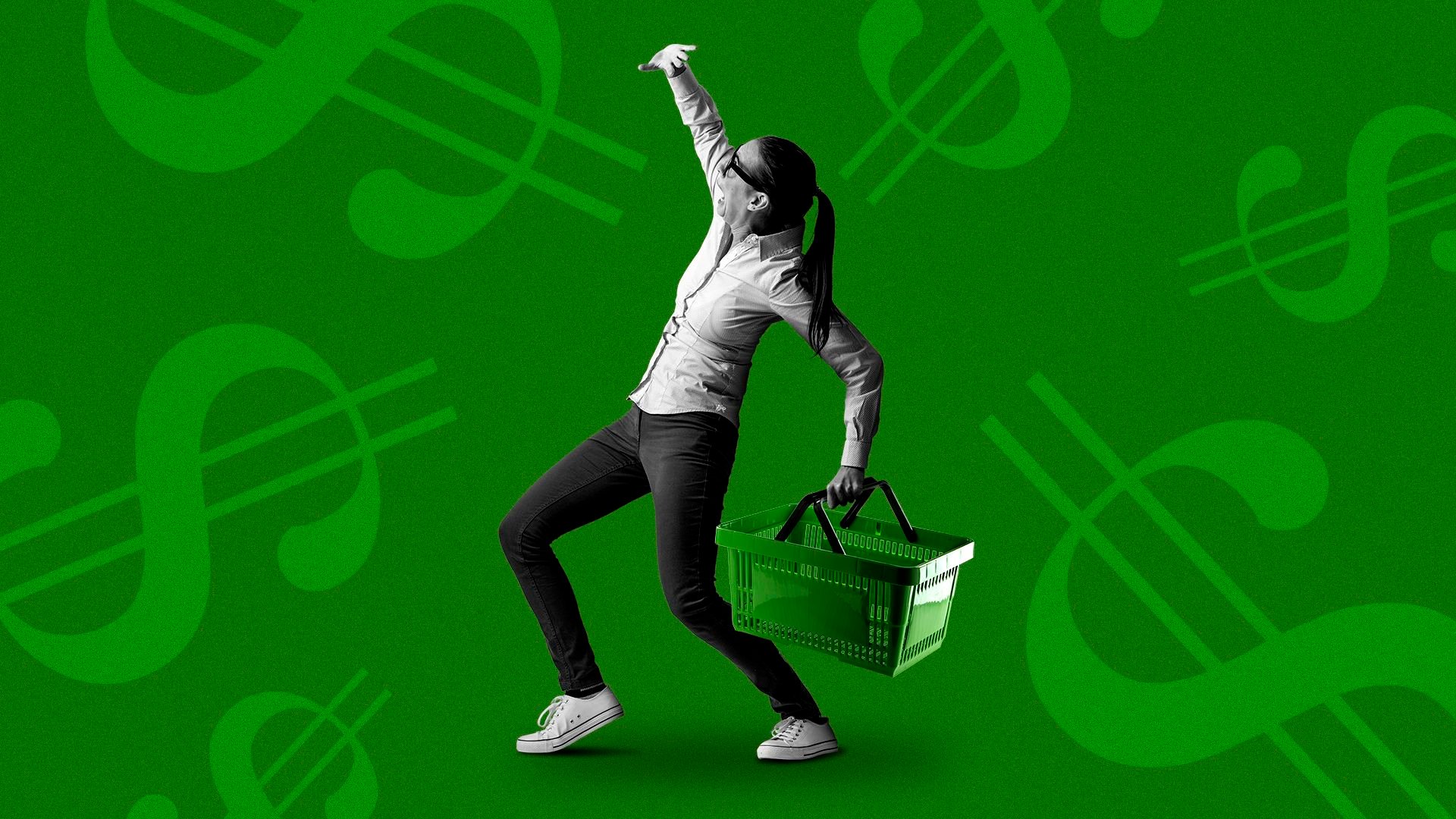 Illustration of a woman with a shopping basket being attacked by giant dollar signs