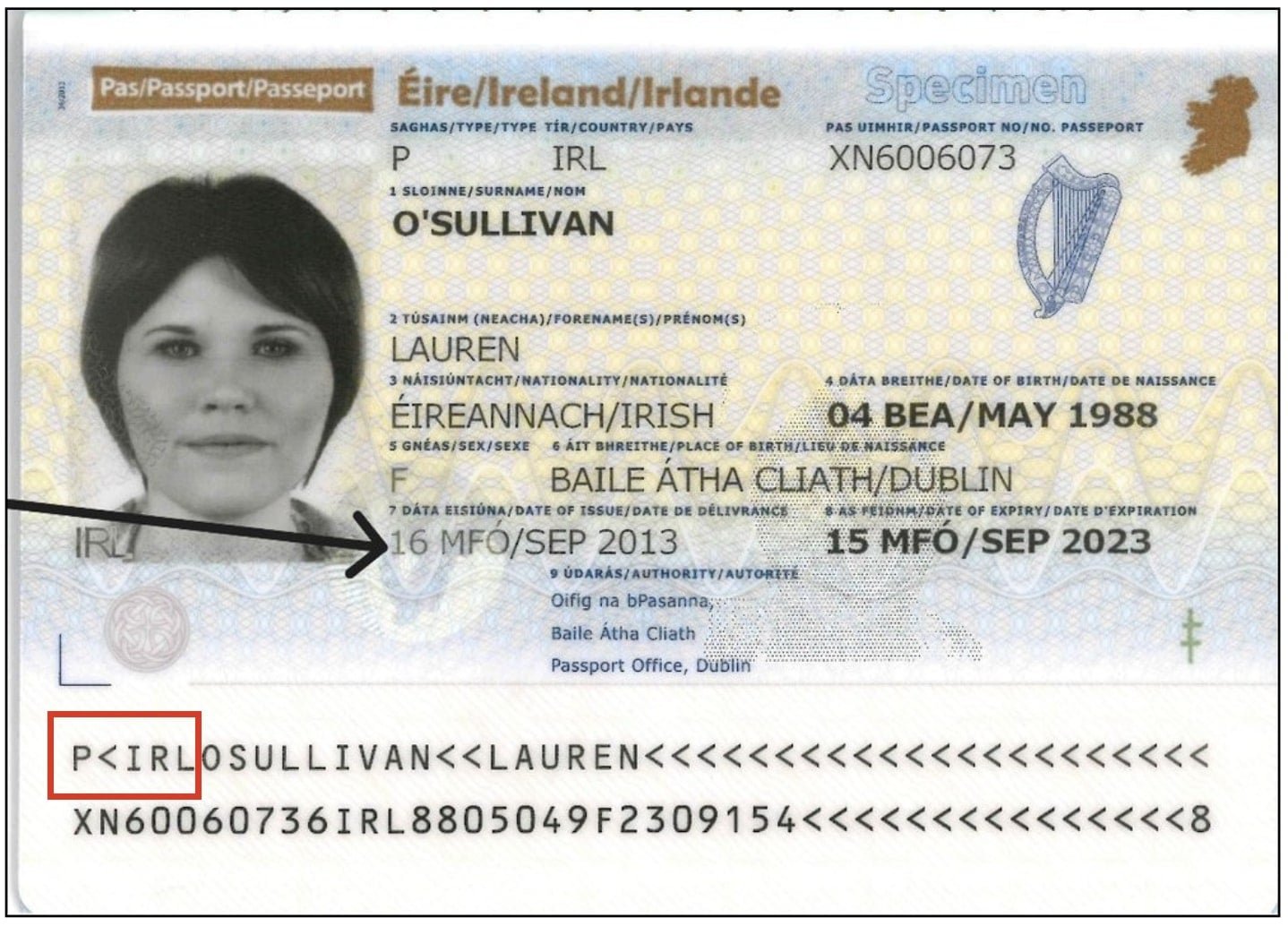Irish passport sample bio page with MRZ
