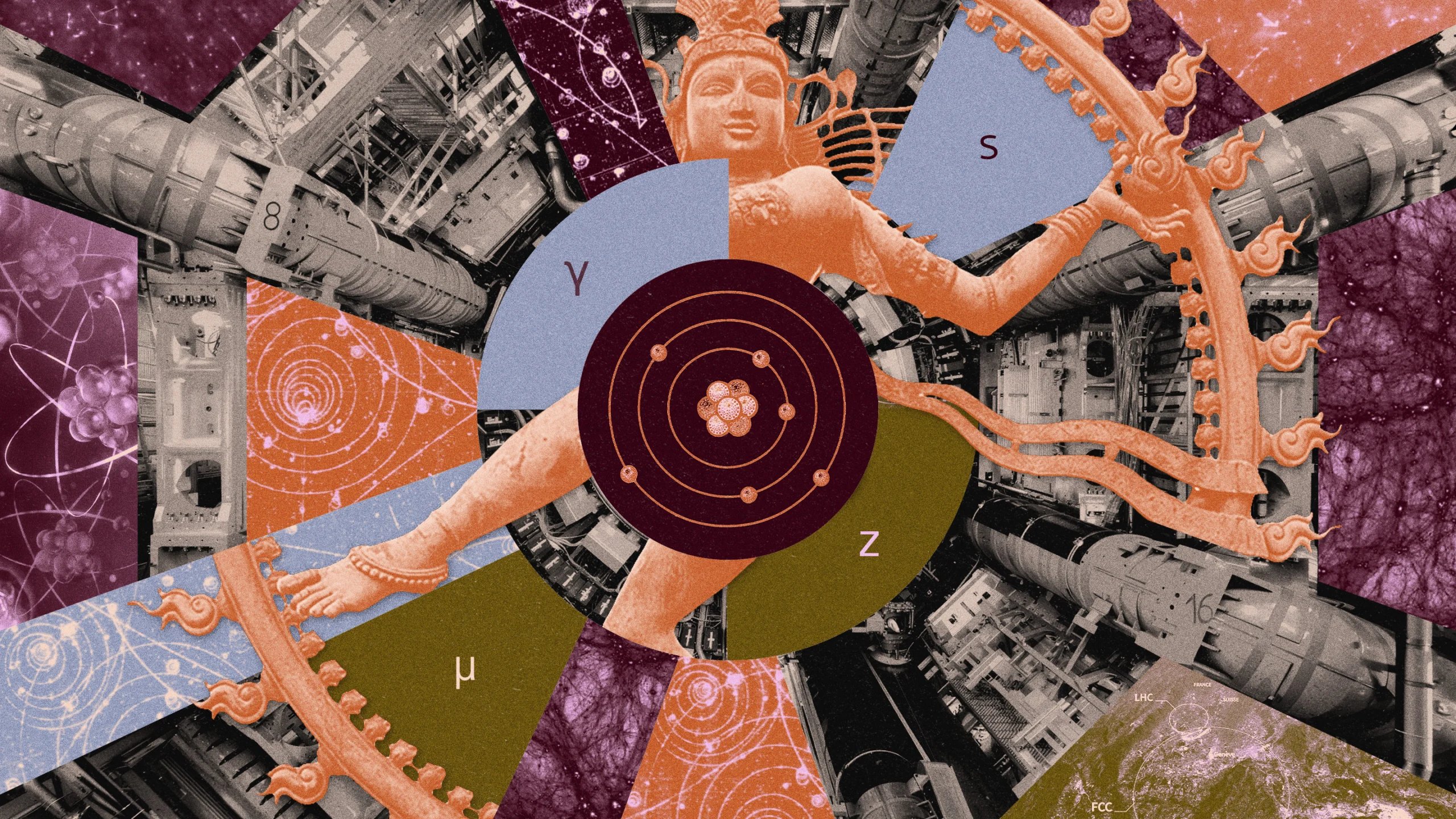 A collage depicting the Large Hadron Collider, a Shiva Nataraj sculpture, particle collisions, and the Standard Model of particle physics.