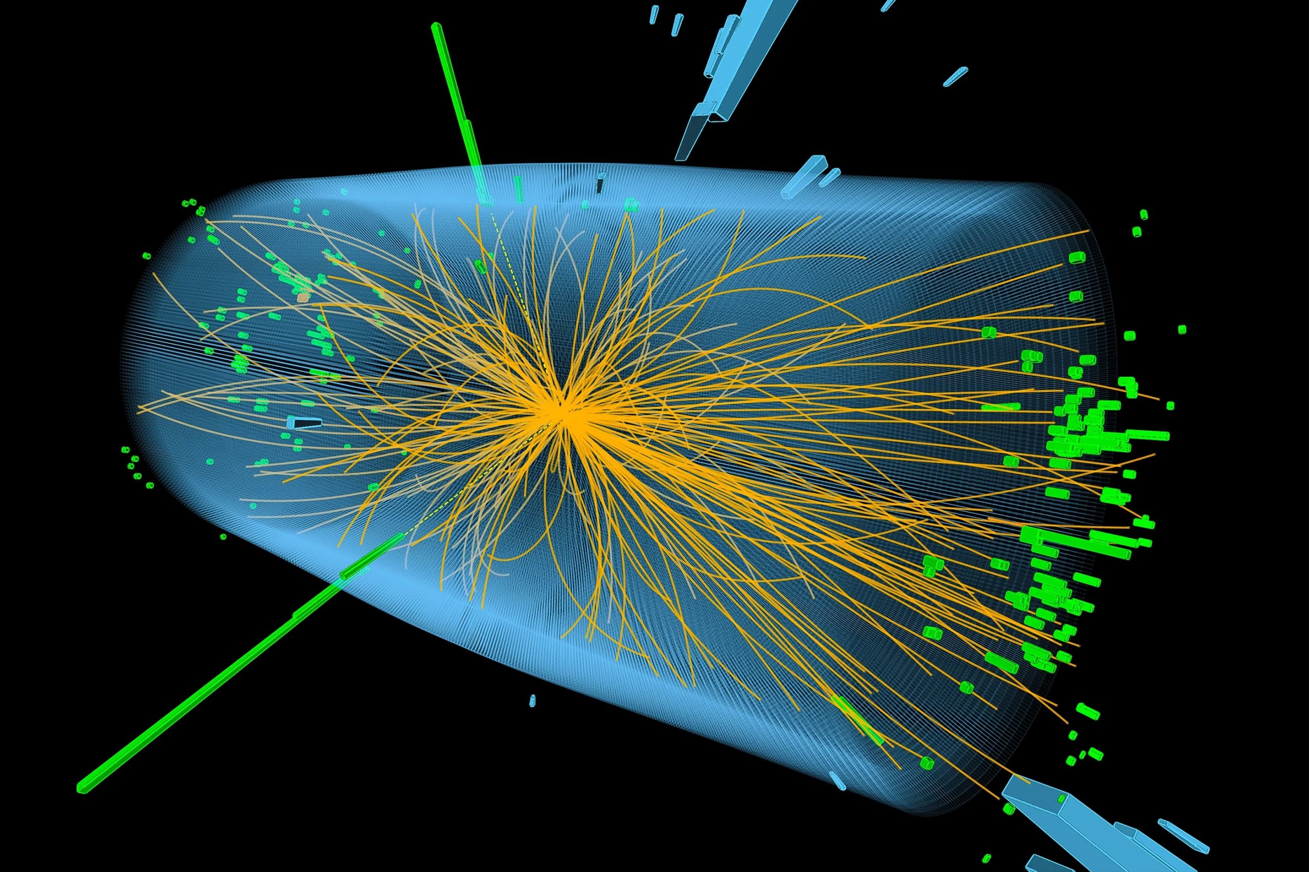 A computer depiction of a particle collision showing yellow and green particle scattering.
