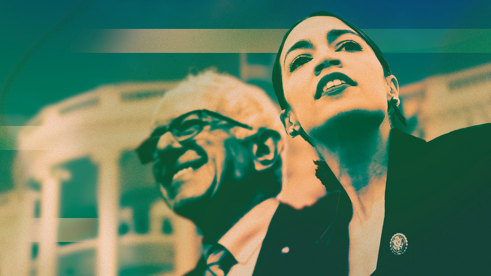 Photo illustration of US Representative Alexandria Ocasio-Cortez and Sen. Bernie Sanders with the White House in the background