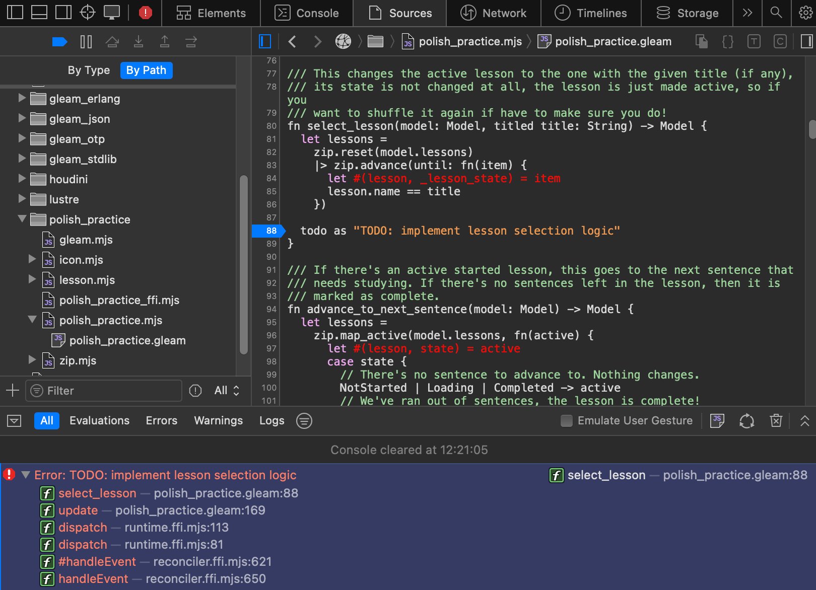 Safari's dev tools debugger showing Gleam code