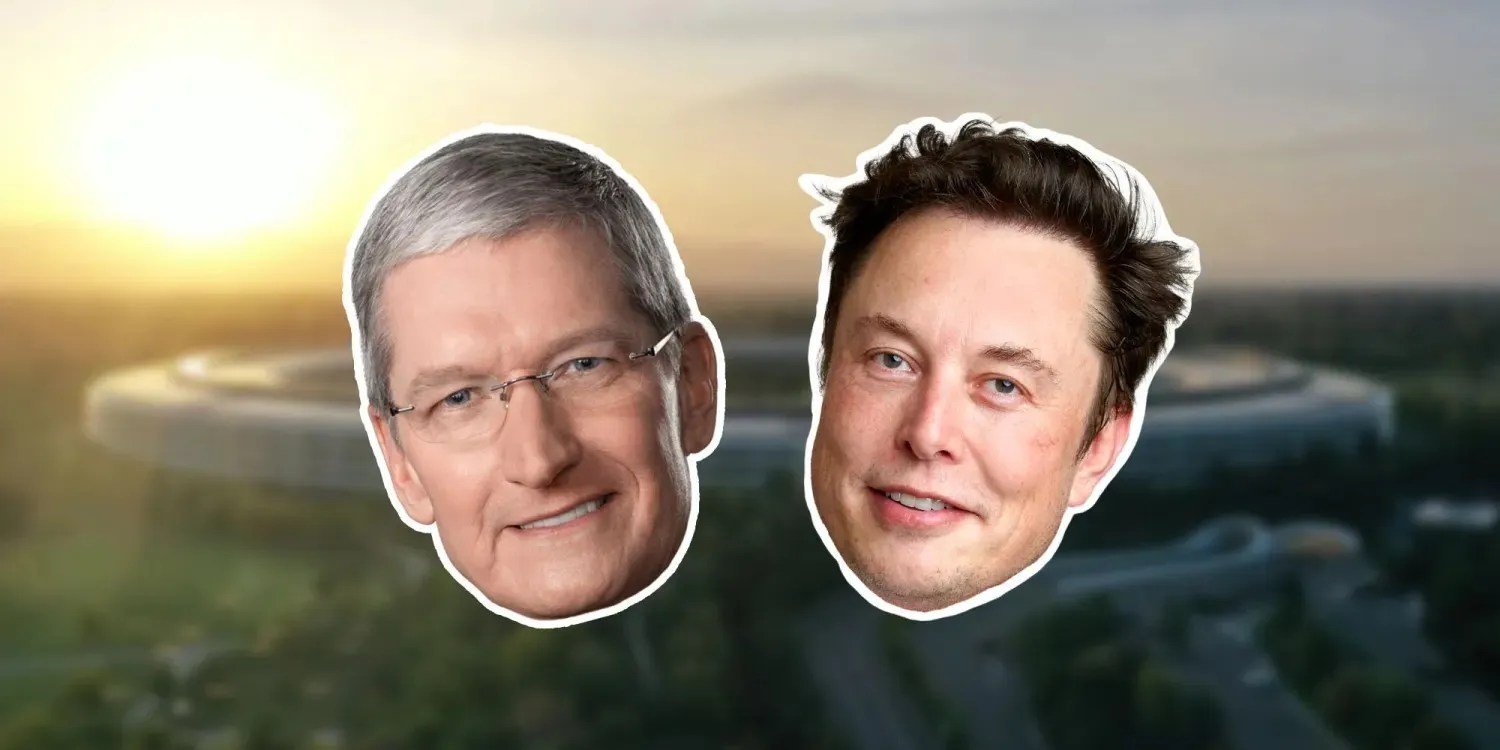 Apple asks judge to dismiss absurd AI claim by Elon Musk | Cutouts of Tim Cook and Elon Musk against an Apple Park background