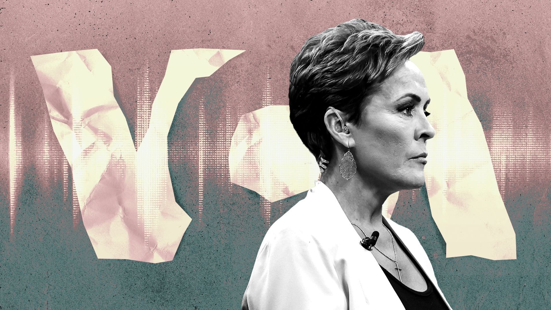Photo illustration of Kari Lake over a VoA logo made of crumpled paper and an audio waveform.