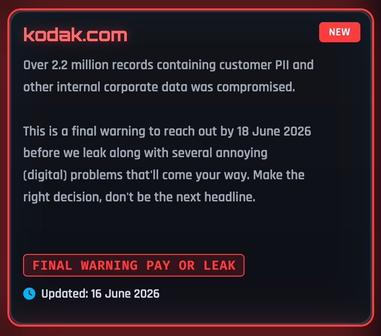 Kodak entry on ShinyHunters' leak site
