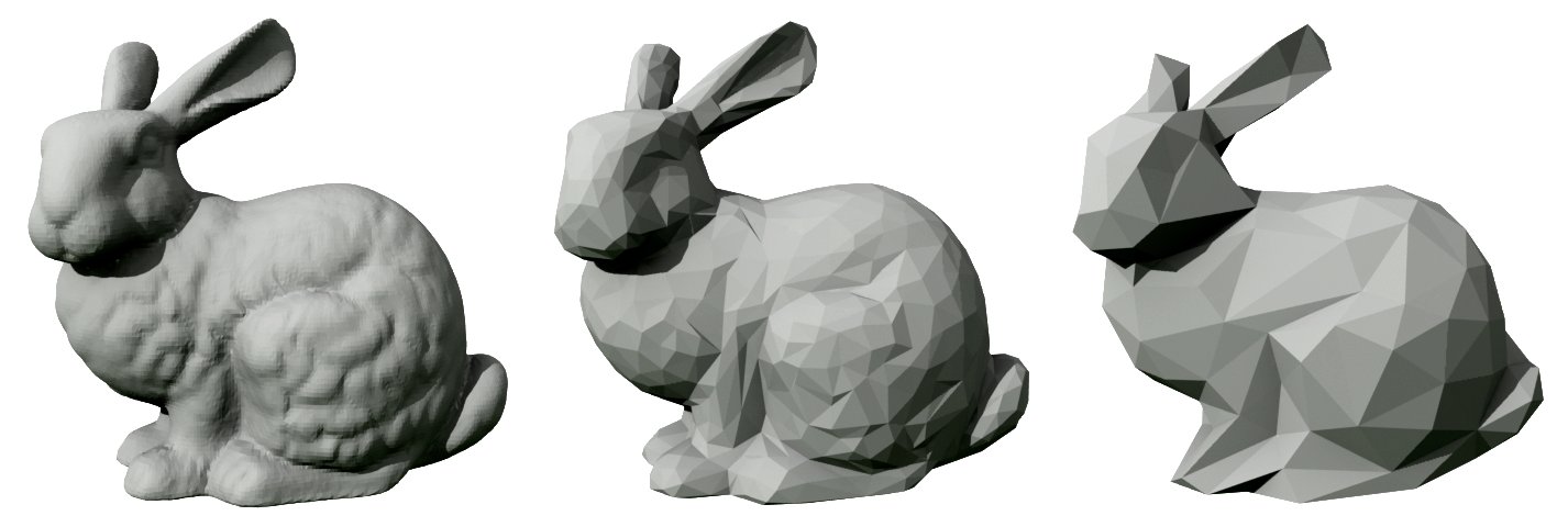 The Stanford bunny rendered at three levels of detail — from thousands of polygons down to a few hundred