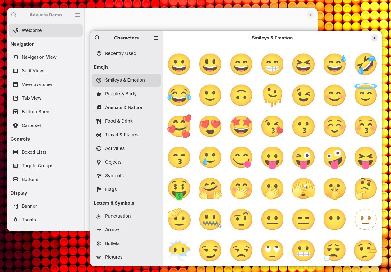 Screenshot of the new sidebar in libadwaita demo and Characters