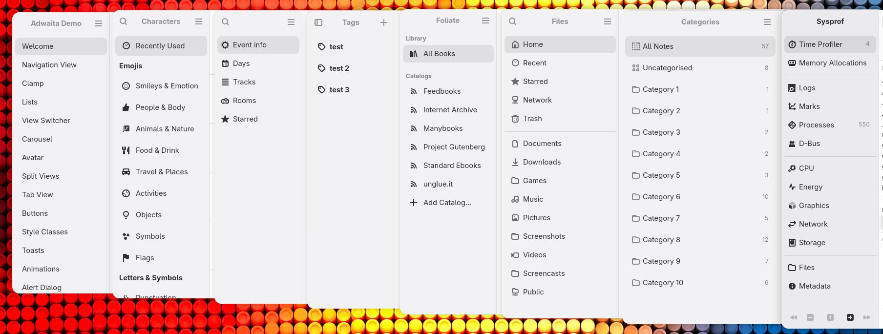 Screenshot of sidebars in various apps: libadwaita demo (no icons, no sections), Characters (icons, sections with non-dimmed labels, thicker rows), Confy (thinner rows, icons, but no sections), Chronograph (no sections, icons, and bold text, also no selection), Foliate (sections with smaller dimmed labels, icons, thin rows), Files (sections with separators, thin rows with dimmed icons), Iotas (no sections, even more dimmed icons, thick rows, number badges on the right), Sysprof (sections as separators, non-dimmed icons, thin rows, still number badges)