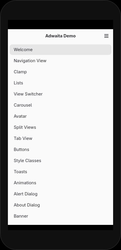 Libadwaita demo on mobile. It's a completely flat list with just labels and selection on the first item. It's also impossible to tap that first item