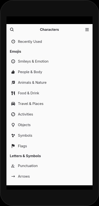 Characters on mobile. The sidebar has sections and icons, but no selection