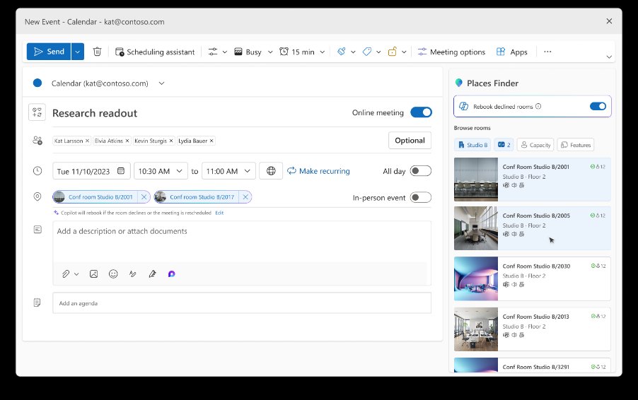 New event calendaring experience featuring Places Finder which helps users quickly find available meeting rooms based on capacity, location, and availability.