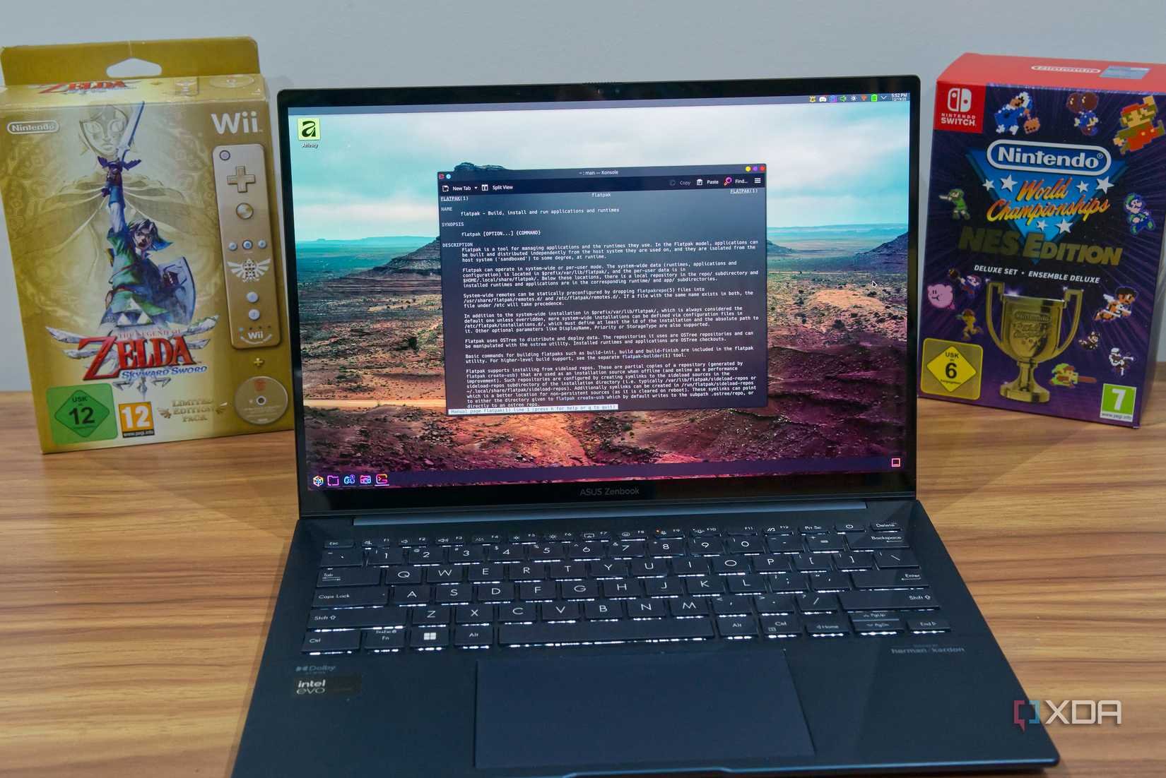 A laptop showing a manual page in the Linux terminal