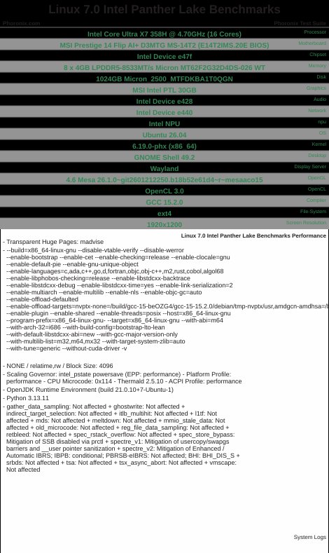 Linux 7.0 Intel Panther Lake Benchmarks