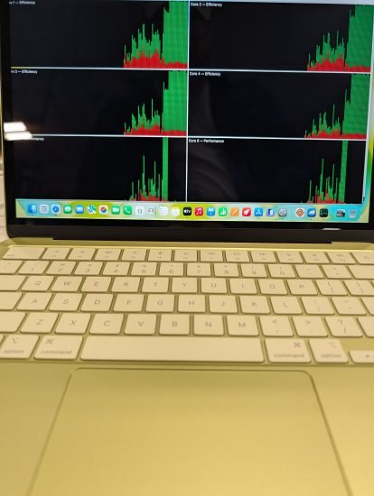 MacBook Neo running Activity Monitor showing all six CPU cores during benchmark testing