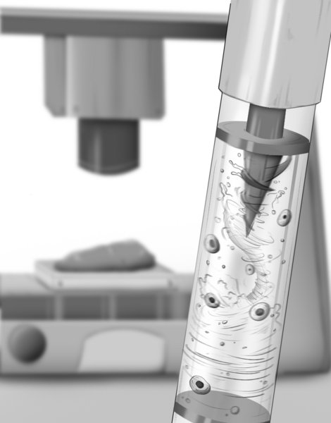 Black-and-white illustration of a propeller spinning in a MagMix device, which resembles a test tube. A benchtop characterization tool is in the background.