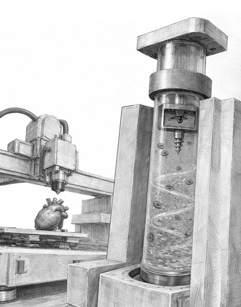 Black-and-white illustration of the MagMix device, which features a propeller in a syringe. An object resembling a human heart sits on a characterization device in the background.