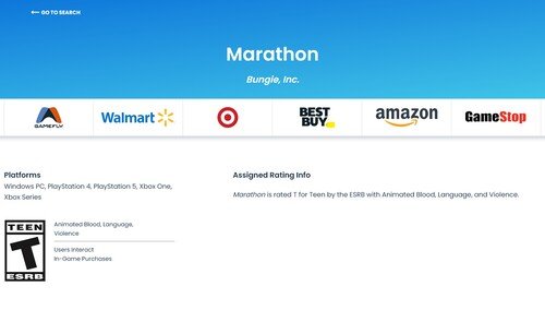 Marathon ESRB rating page is shown